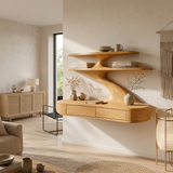 Floating Wooden Desk With Curved Upper Shelf Frame For Workspace