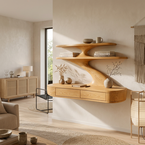 Floating Wooden Desk With Curved Upper Shelf Frame For Workspace