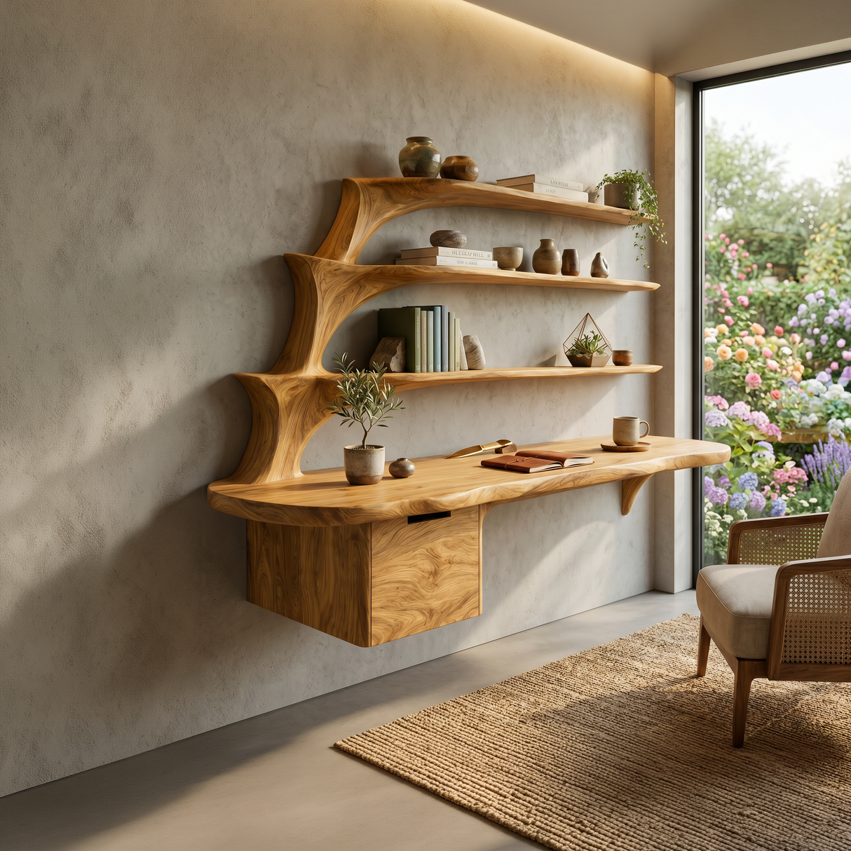 Contemporary Floating Desk With Display Shelves And Drawers For Workspace