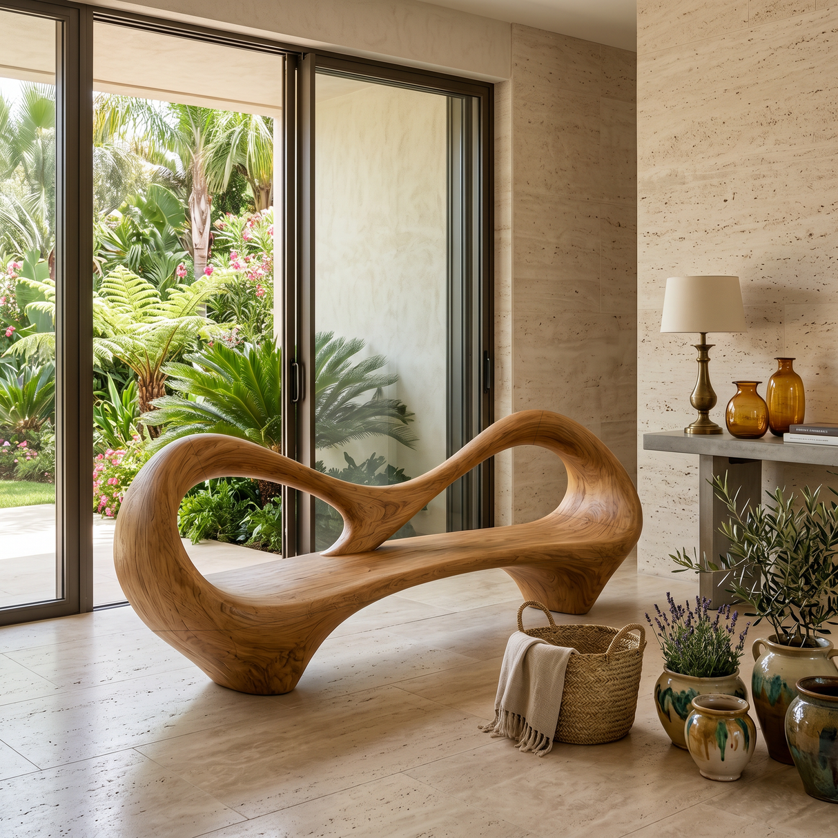 Contemporary Entryway Bench With Sculptural Cutout Frame For Designer Interiors
