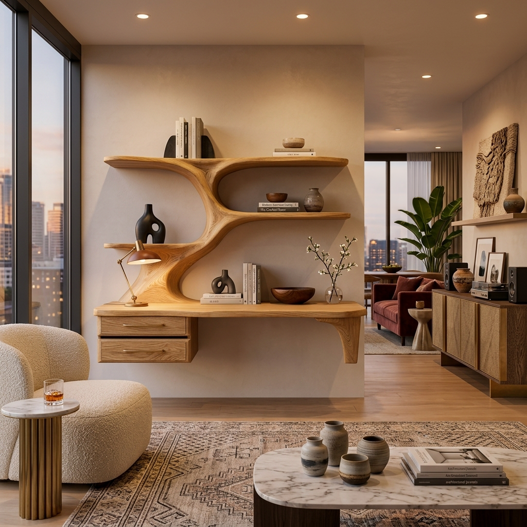 Organic Wooden Floating Desk With Branch Bookshelves For Home Office