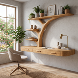 Organic Floating Desk With Branch Shaped Open Shelves For Workspace