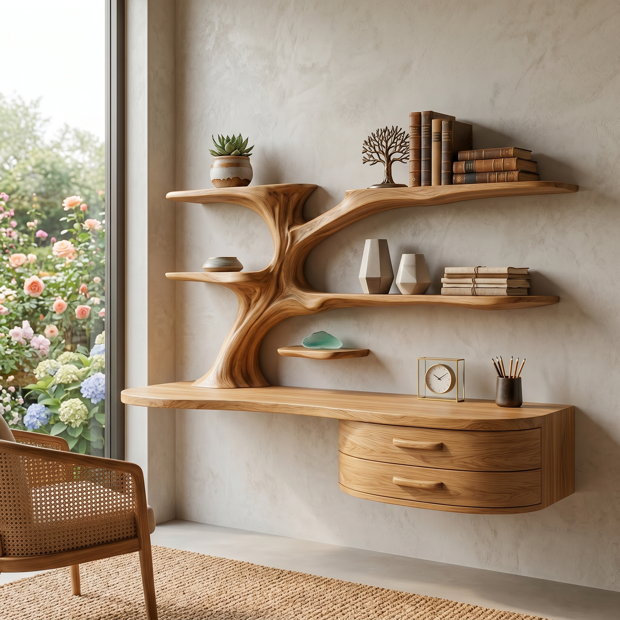 Rustic Wooden Desk With Sculptural Shelving And Drawer For Workspace