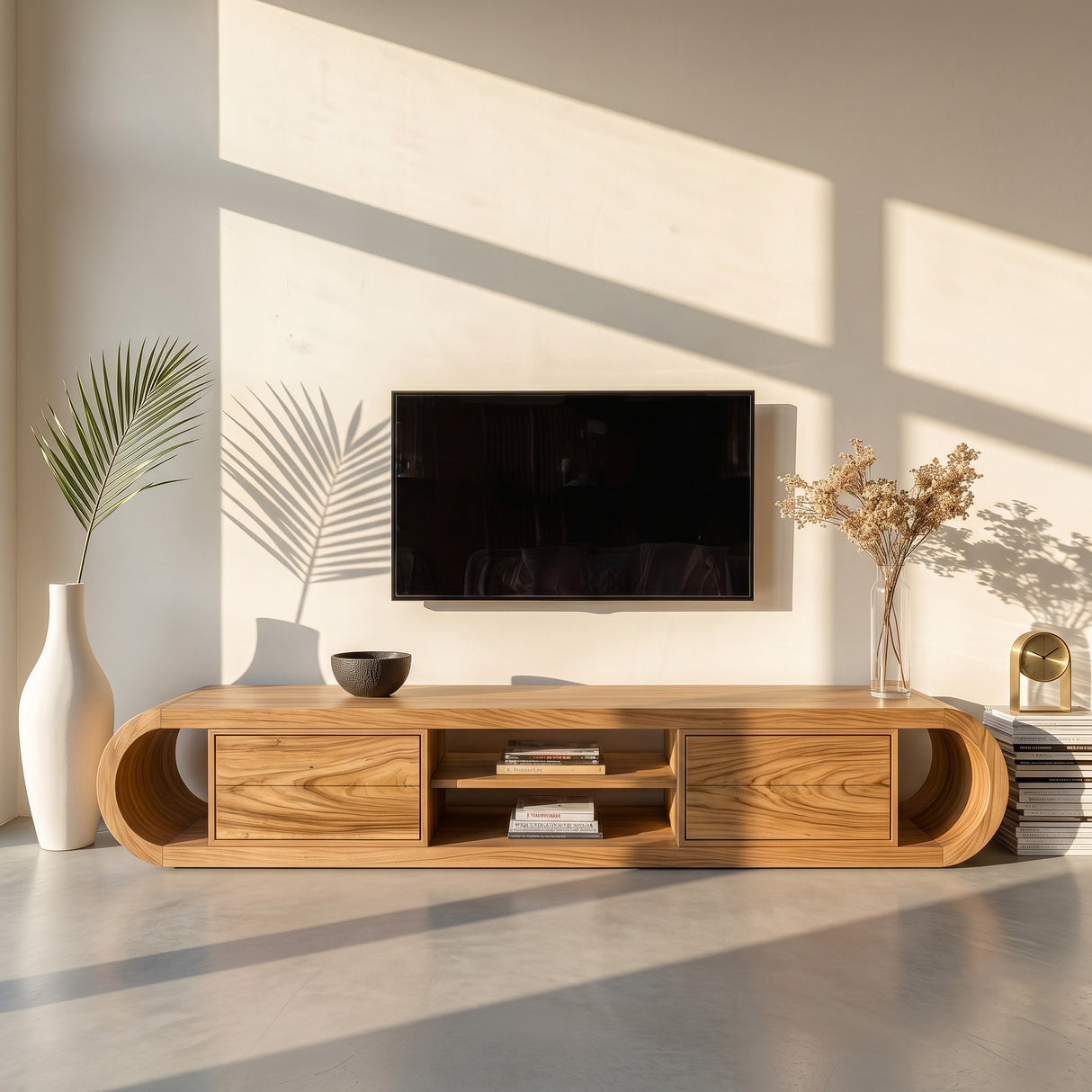 Organic Wooden TV Stand With Rounded Edges For Living Decor