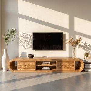 Organic Wooden TV Stand With Rounded Edges For Living Decor