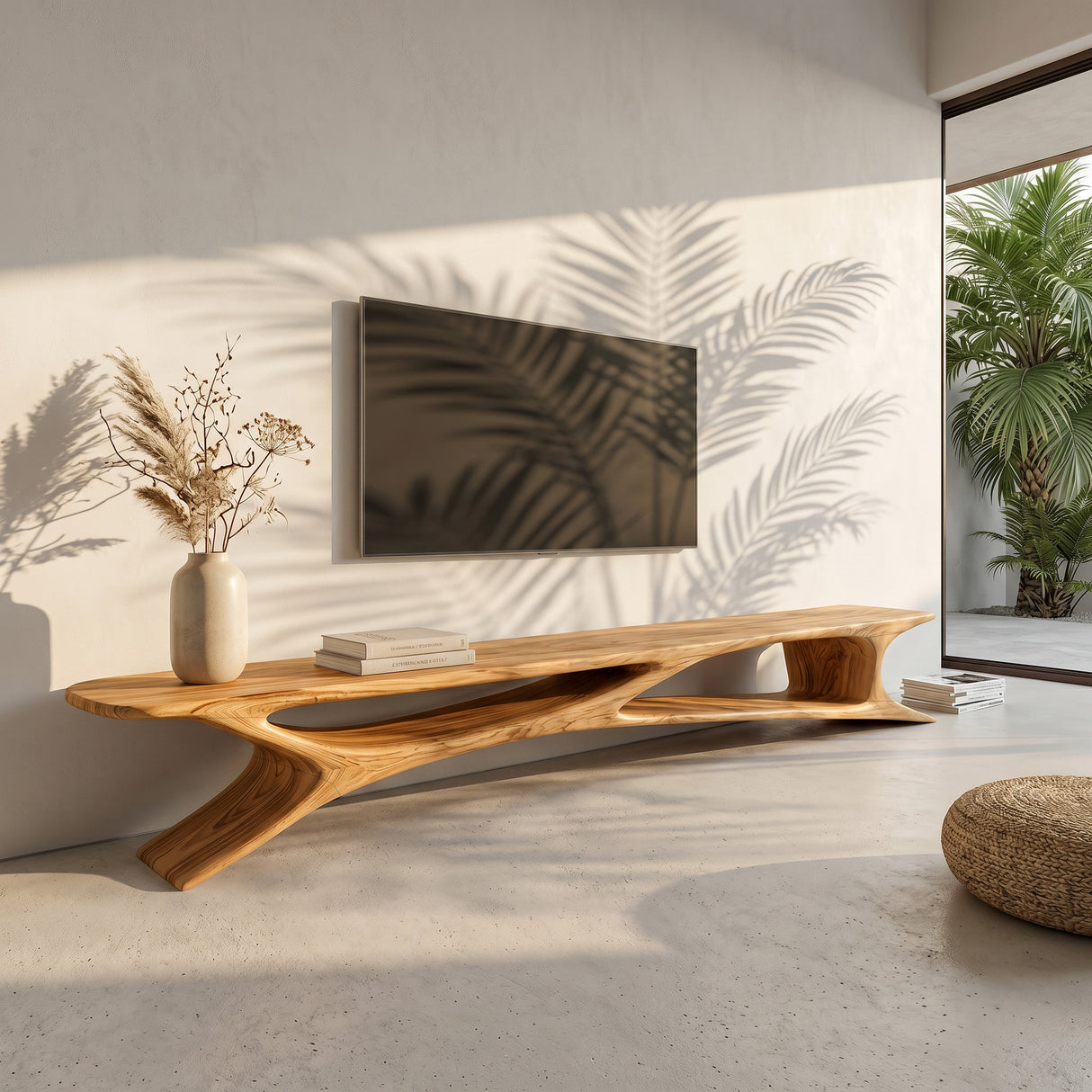 Handcrafted Sculptural Wooden TV Stand For Living Room
