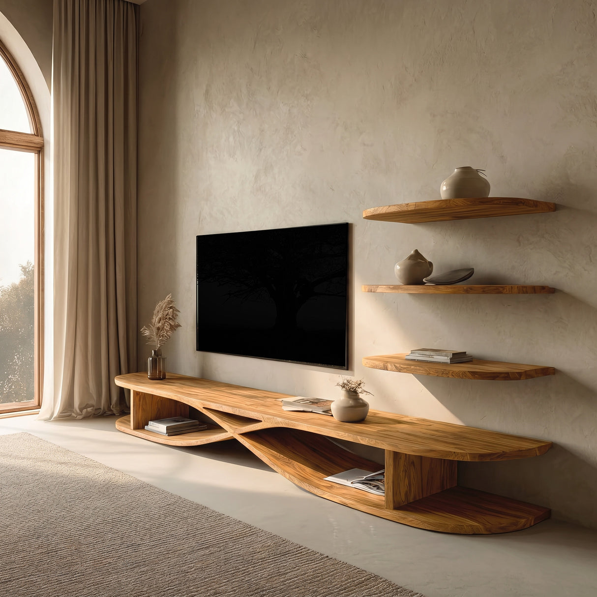 Modern Wooden Curved TV Stand For Living Room Media