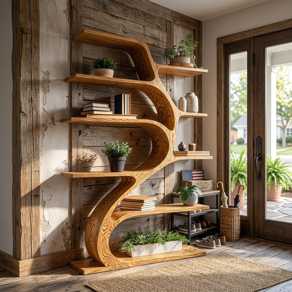 Minimal Natural Wood Bookshelf Branch Design For Interior Space