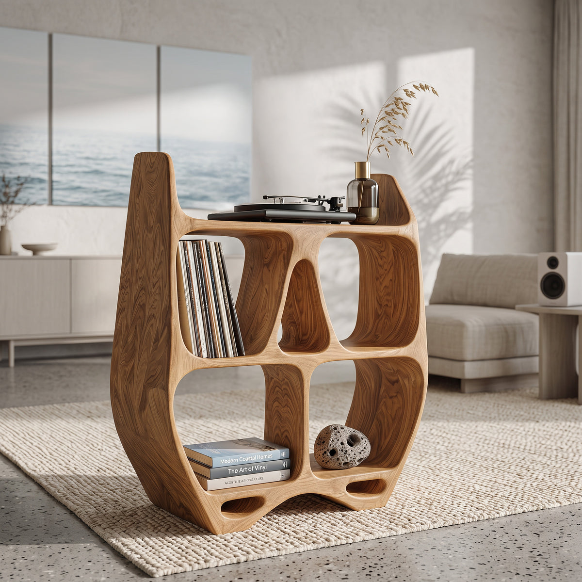 Elegant Sculptural Wooden Record Cabinet For Living Room