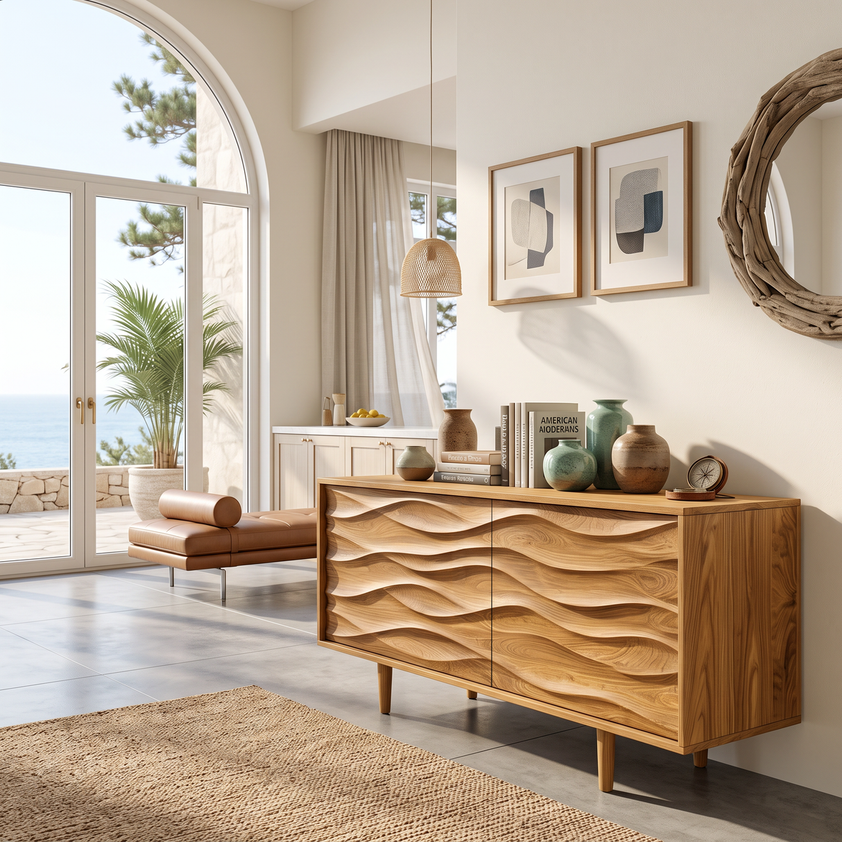 Contemporary Sideboard With Carved Wave Front Panels For Home