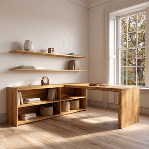 Modern Curved Natural Wood L Desk For Minimalist Office