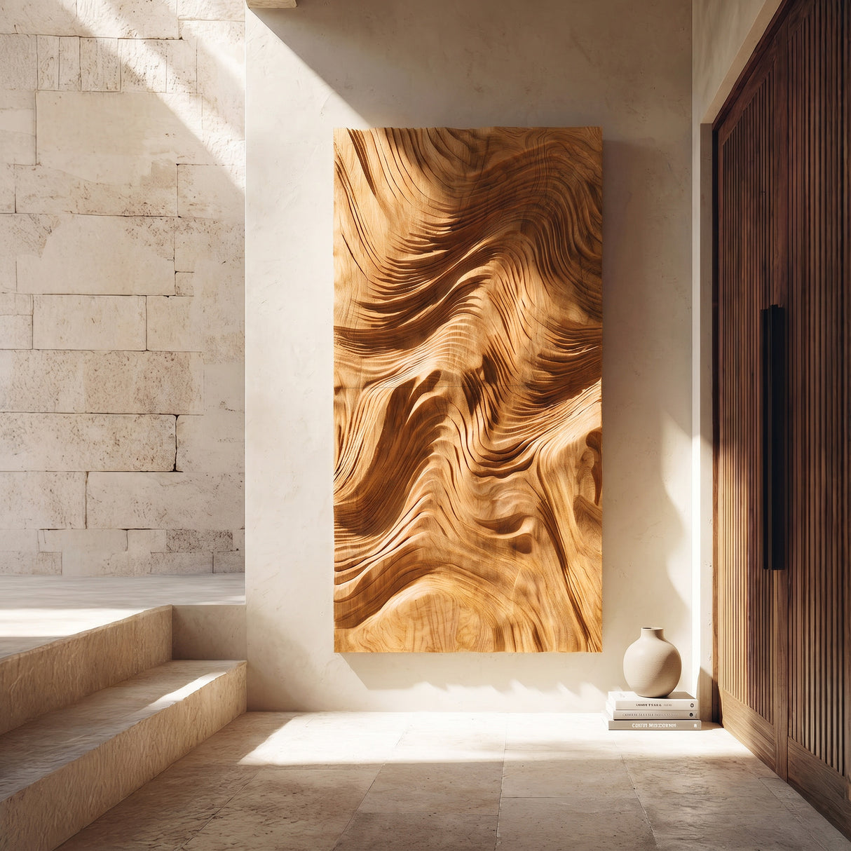 Contemporary Wave Carved Texture Wood Wall Art For Entryway
