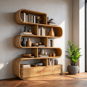 Organic Wooden Bookshelf With Flowing Form For Home Interior