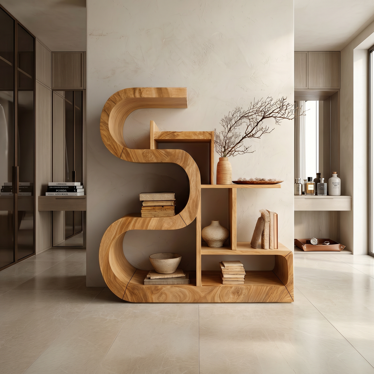 Luxury S-Shaped Wooden Storage Shelf For Contemporary Spaces