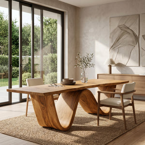 Organic Wooden Dining Table With W-shaped Base For Dining Space