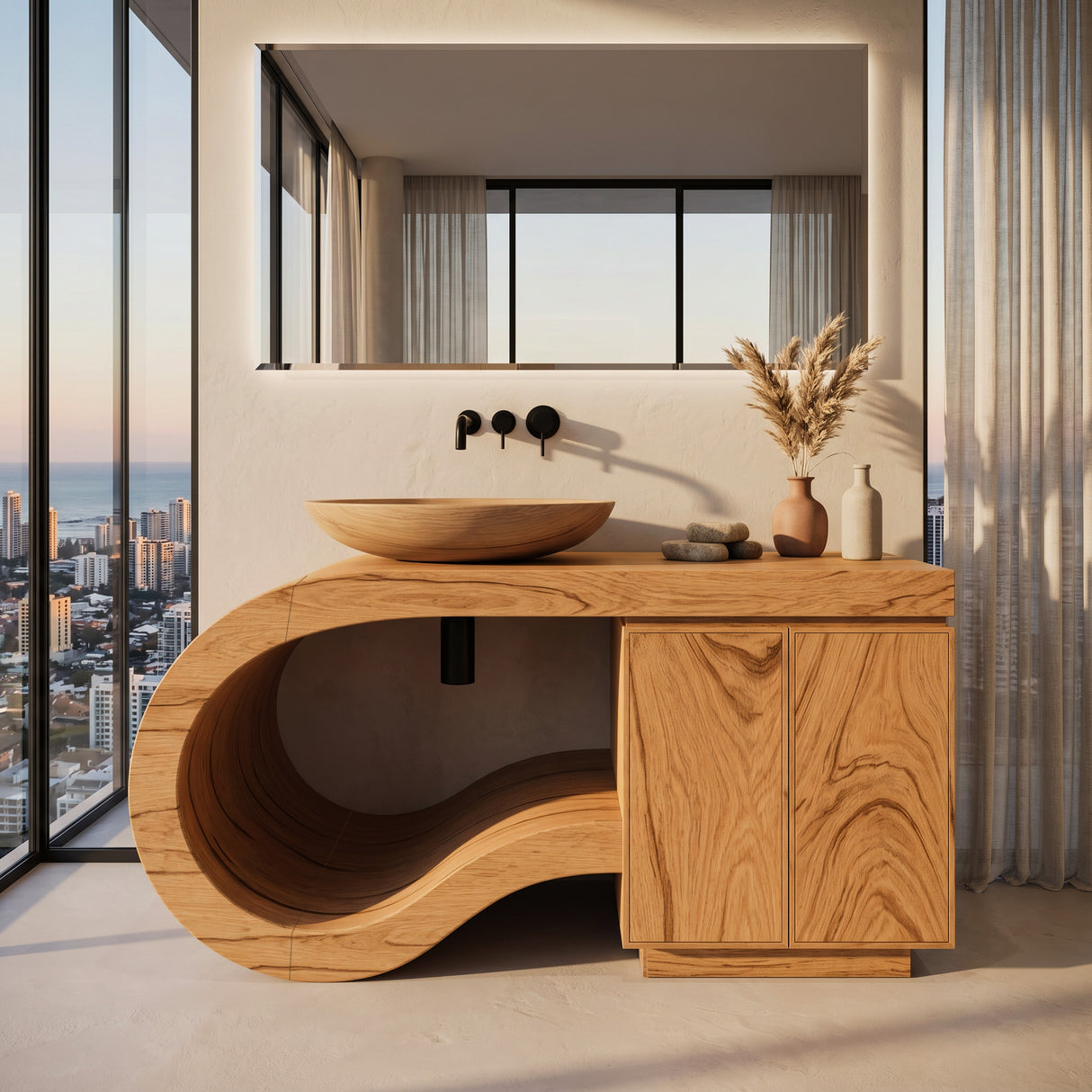 Modern Wooden Bathroom Vanity With Curved Pedestal For Bathroom