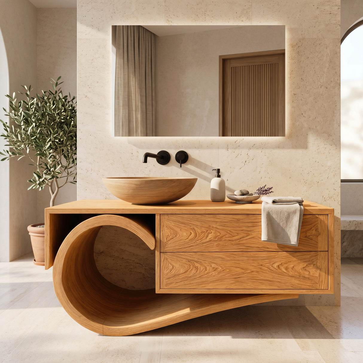 Modern Bathroom Vanity With Curved Loop Base For Bathroom Use