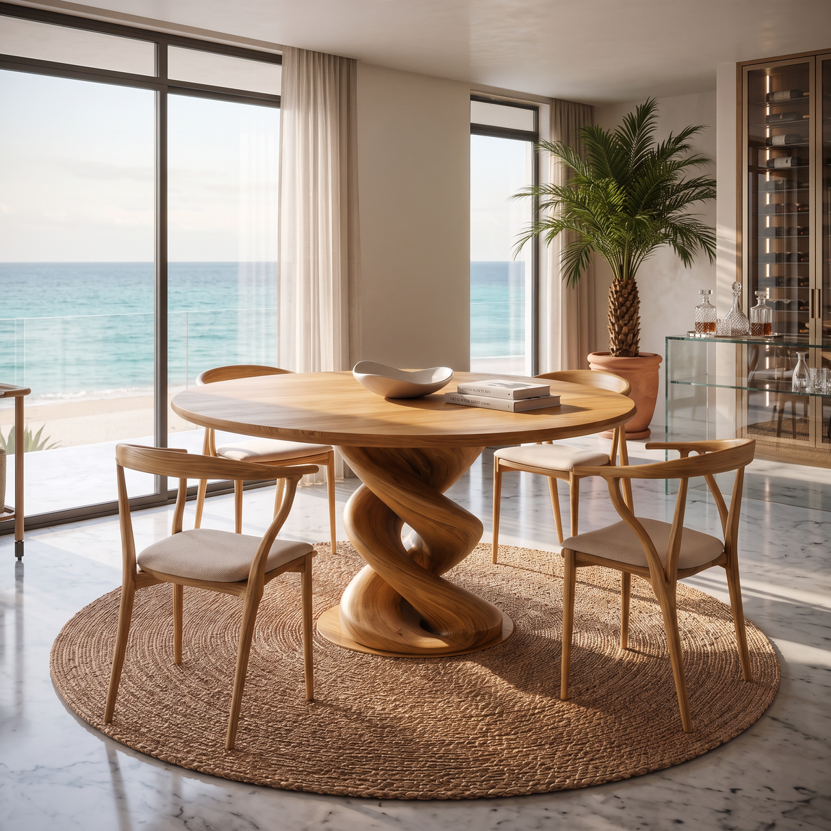 Modern Wooden Round Dining Table Sculptural Twist Base For Kitchen