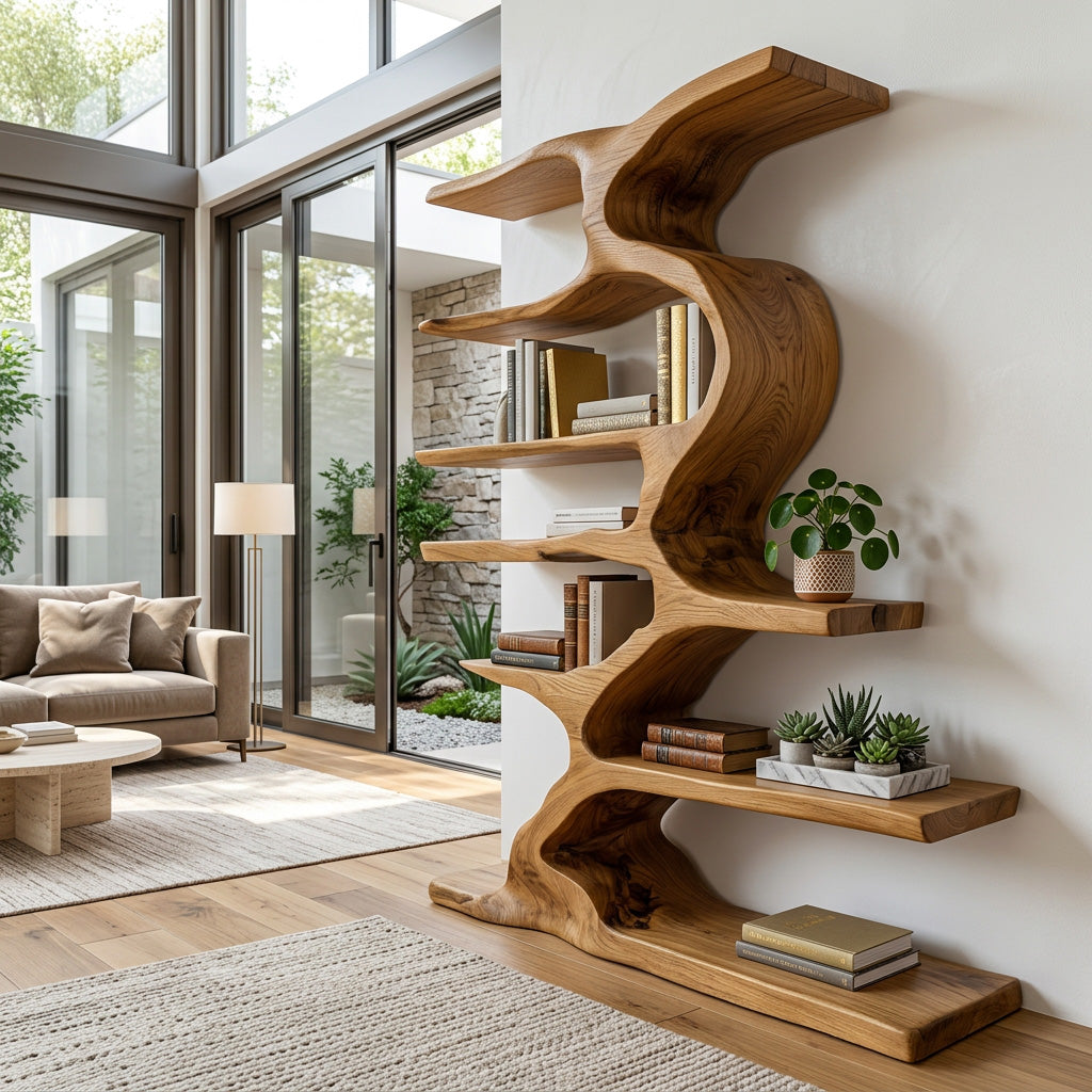 Organic Sculptural Wooden Bookshelf With Tiers For Living Room