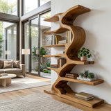 Organic Sculptural Wooden Bookshelf With Tiers For Living Room