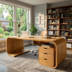 Modern Wooden Desk With Curved Base For Home Office