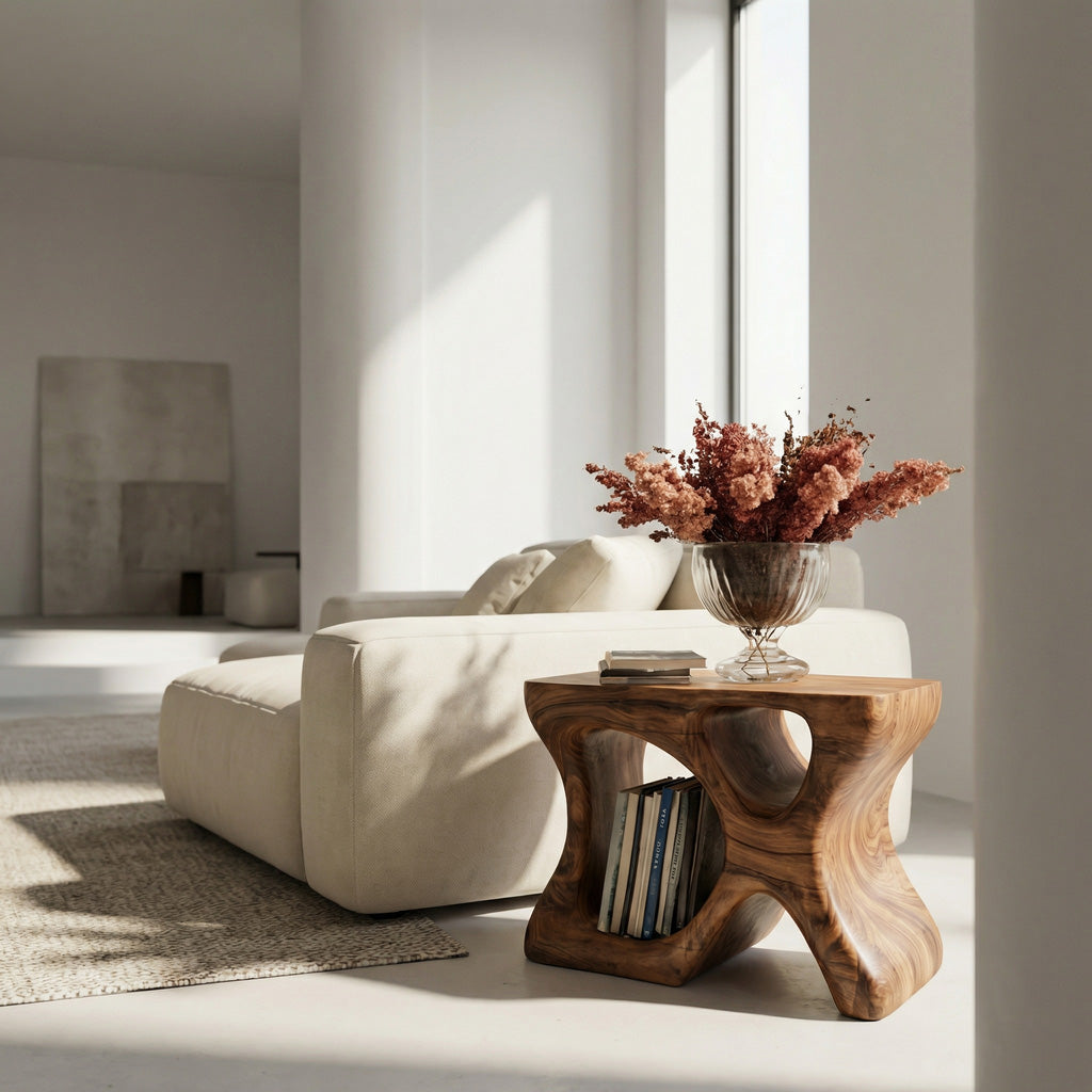 Minimalist Sculptural Wood Side Table With Organic Shape And Storage For Modern Living Room