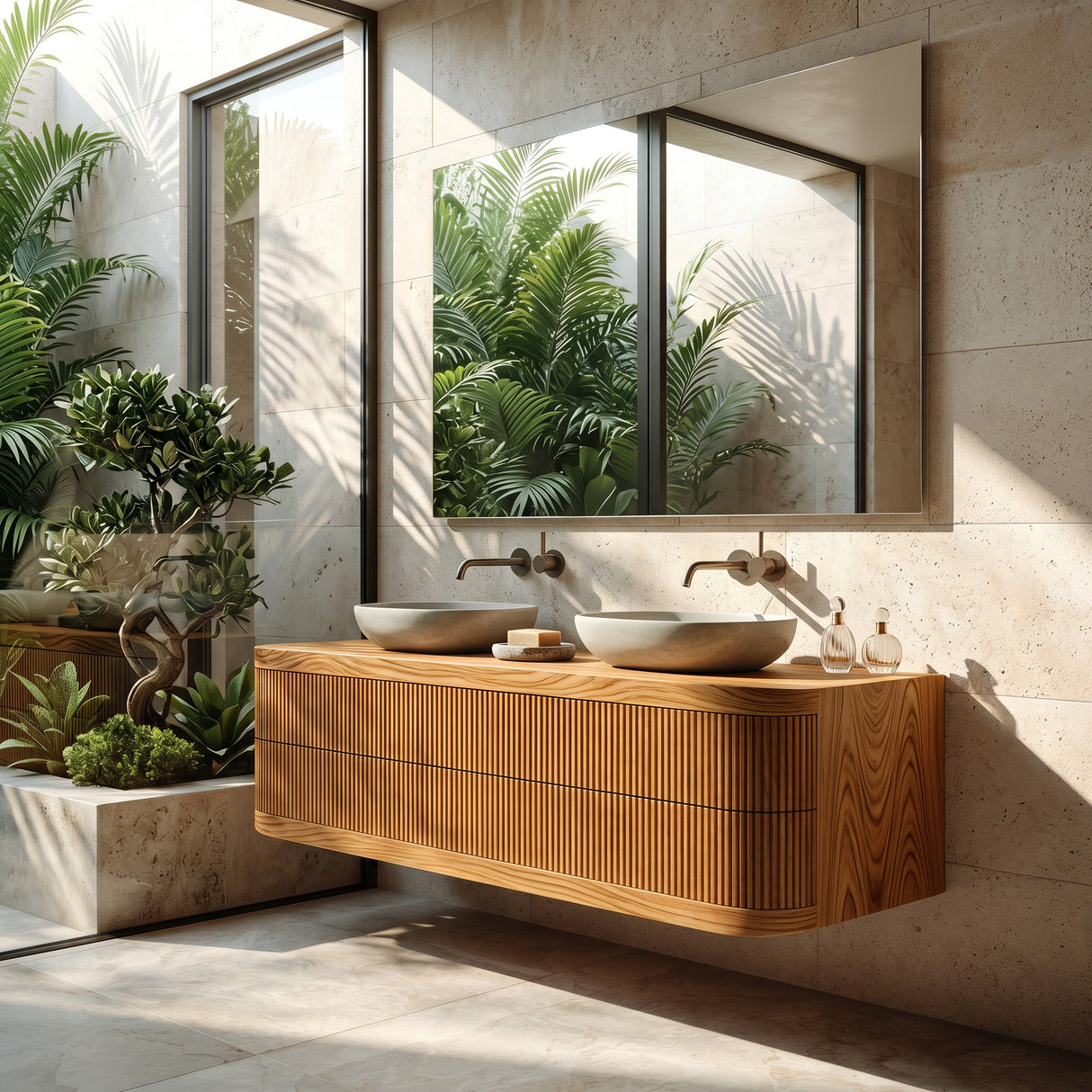 Contemporary Wooden Floating Bathroom Vanity With Fluted Front For Bathroom
