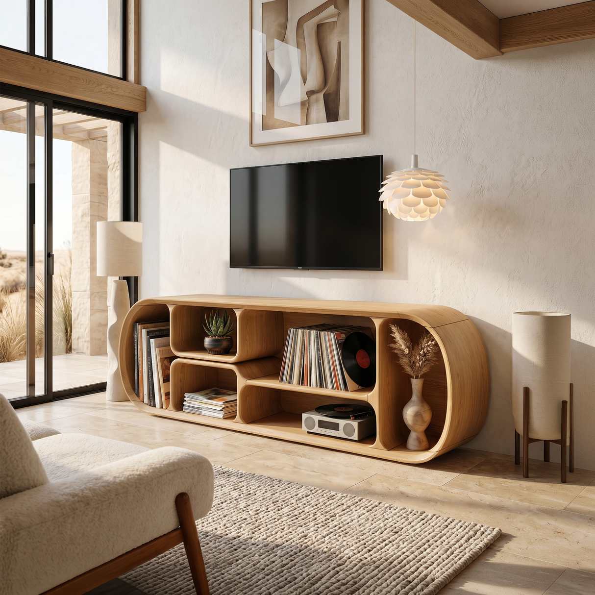 Minimalist Curved TV Console For Studio Apartment Interior