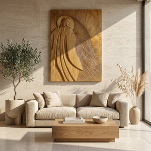 Contemporary Wooden Wall Art With Carved Figure For Living Room