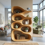 Artistic Wooden Bookshelf With Sculptural Display Shelving For Home Decor