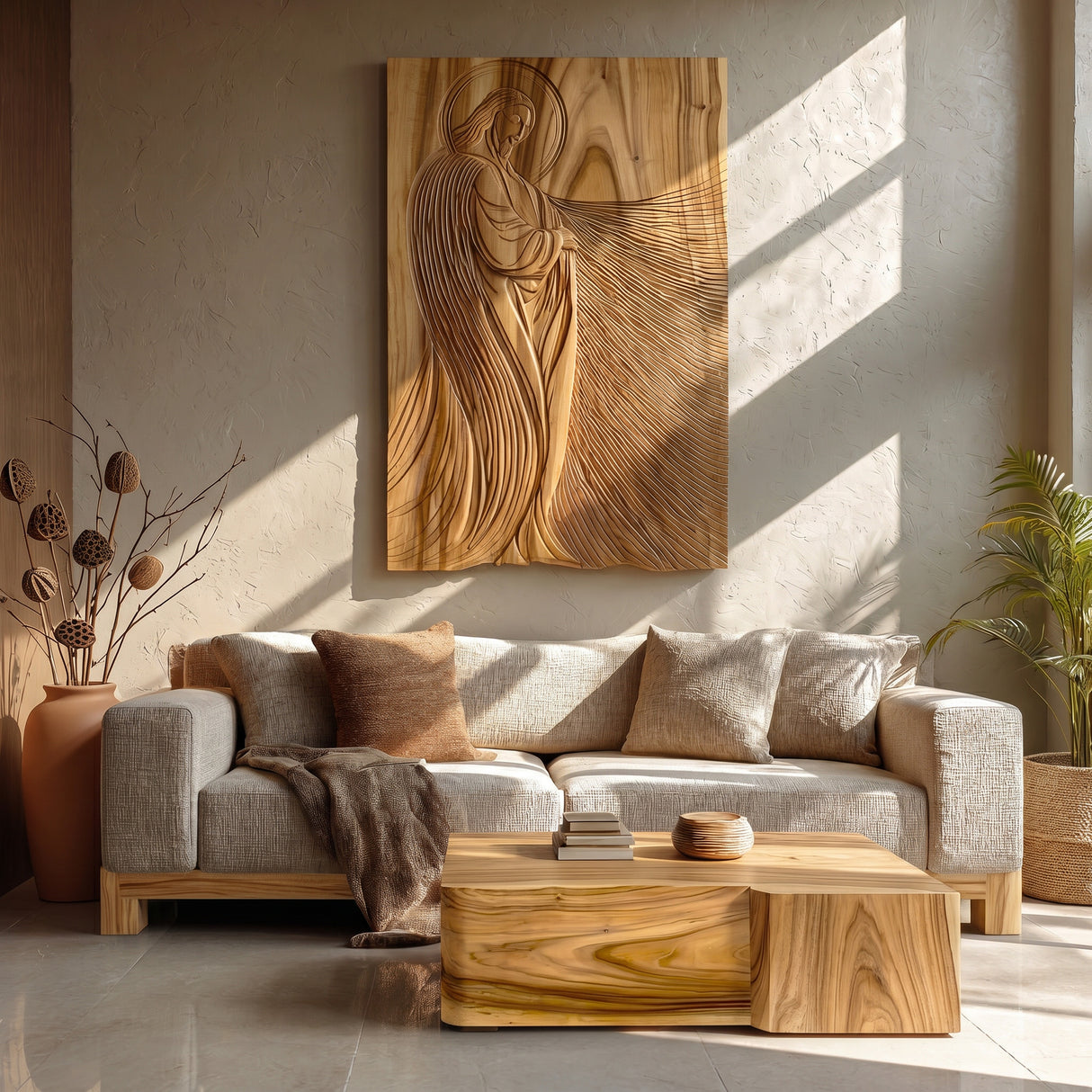 Modern Sacred Wood Carving Wall Art For Living Room