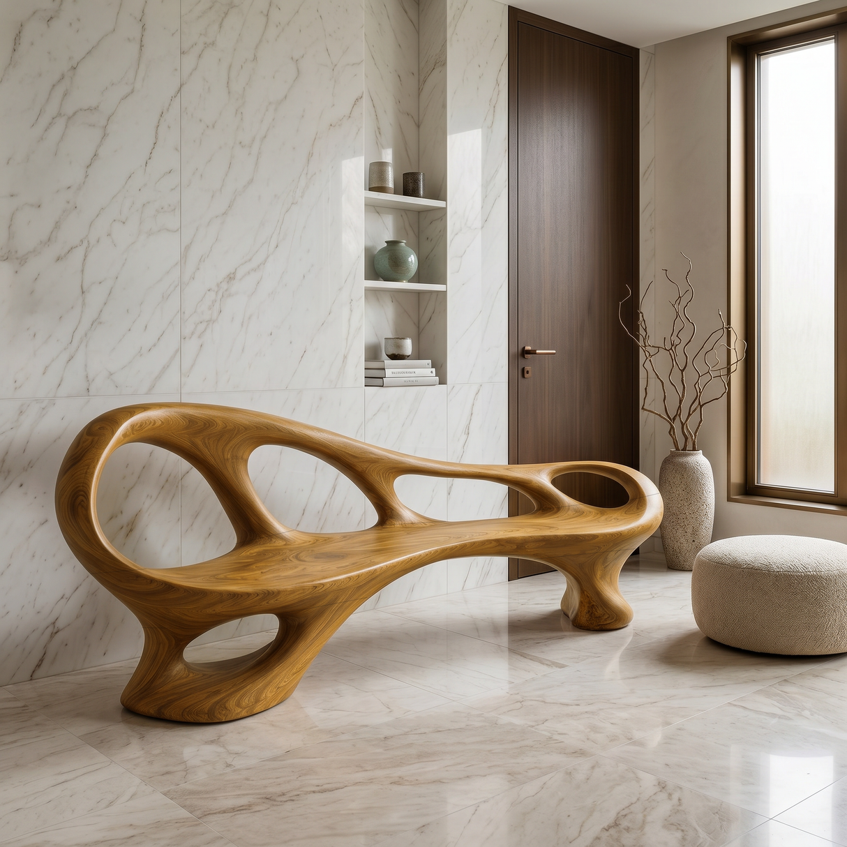 Organic Wooden Bench With Sculptural Continuous Frame For Entryway