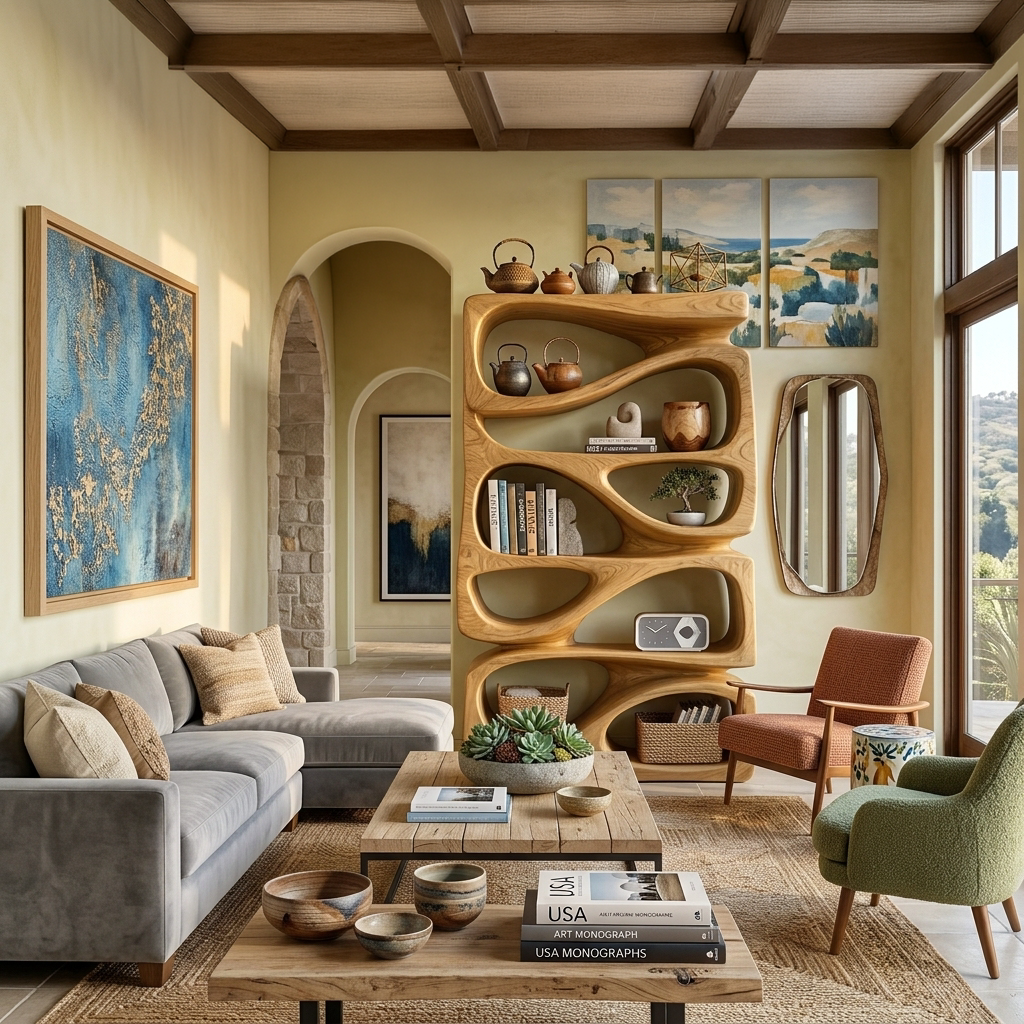 Organic Bookshelf With Display and Storage For Living Room