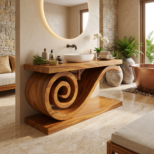 Sculptural Monkeypod Wood Vanity With Vessel Sink Luxury Bathroom