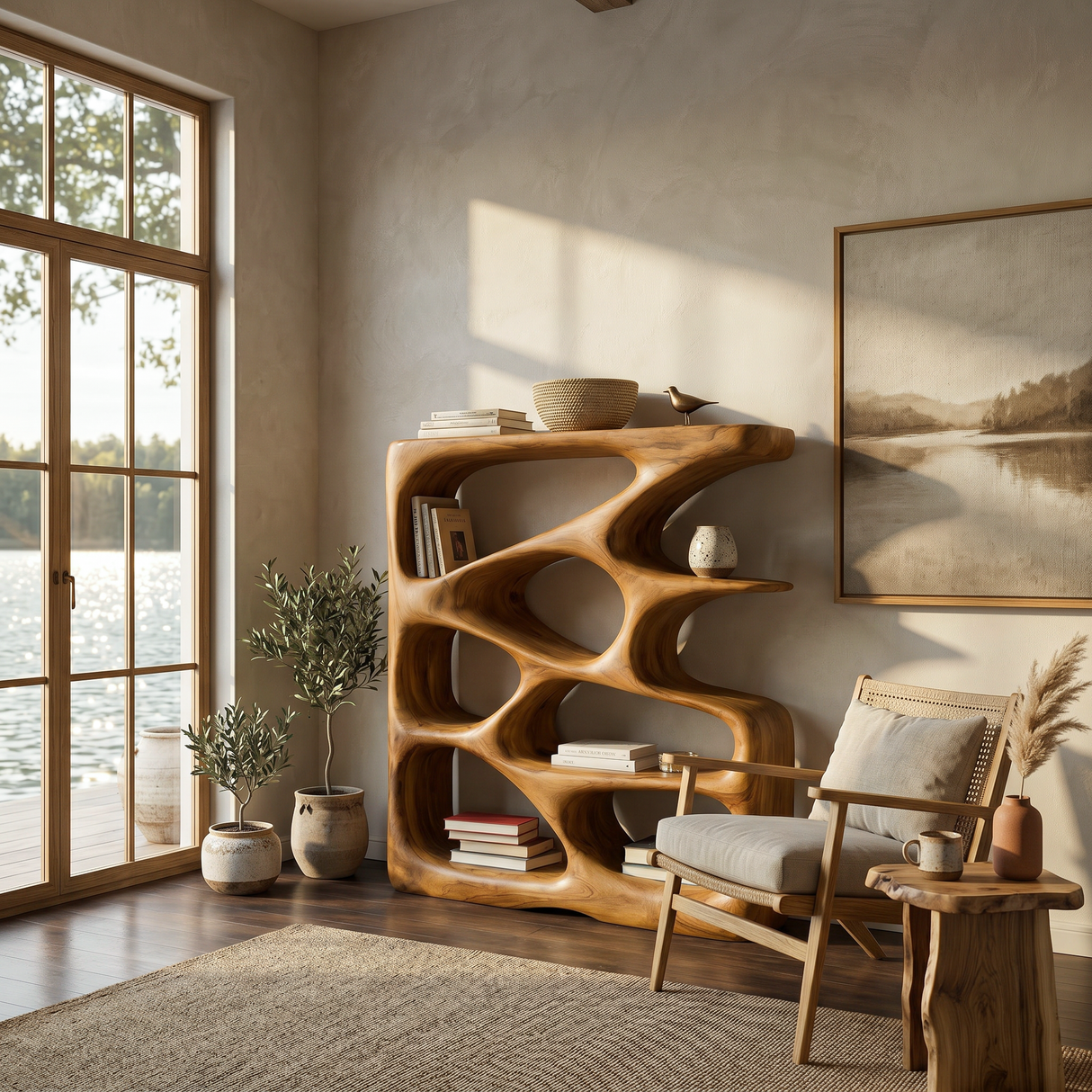 Designer Wooden Bookshelf With Sculptural Shelves For Decorative Accents