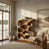 Designer Wooden Bookshelf With Sculptural Shelves For Decorative Accents