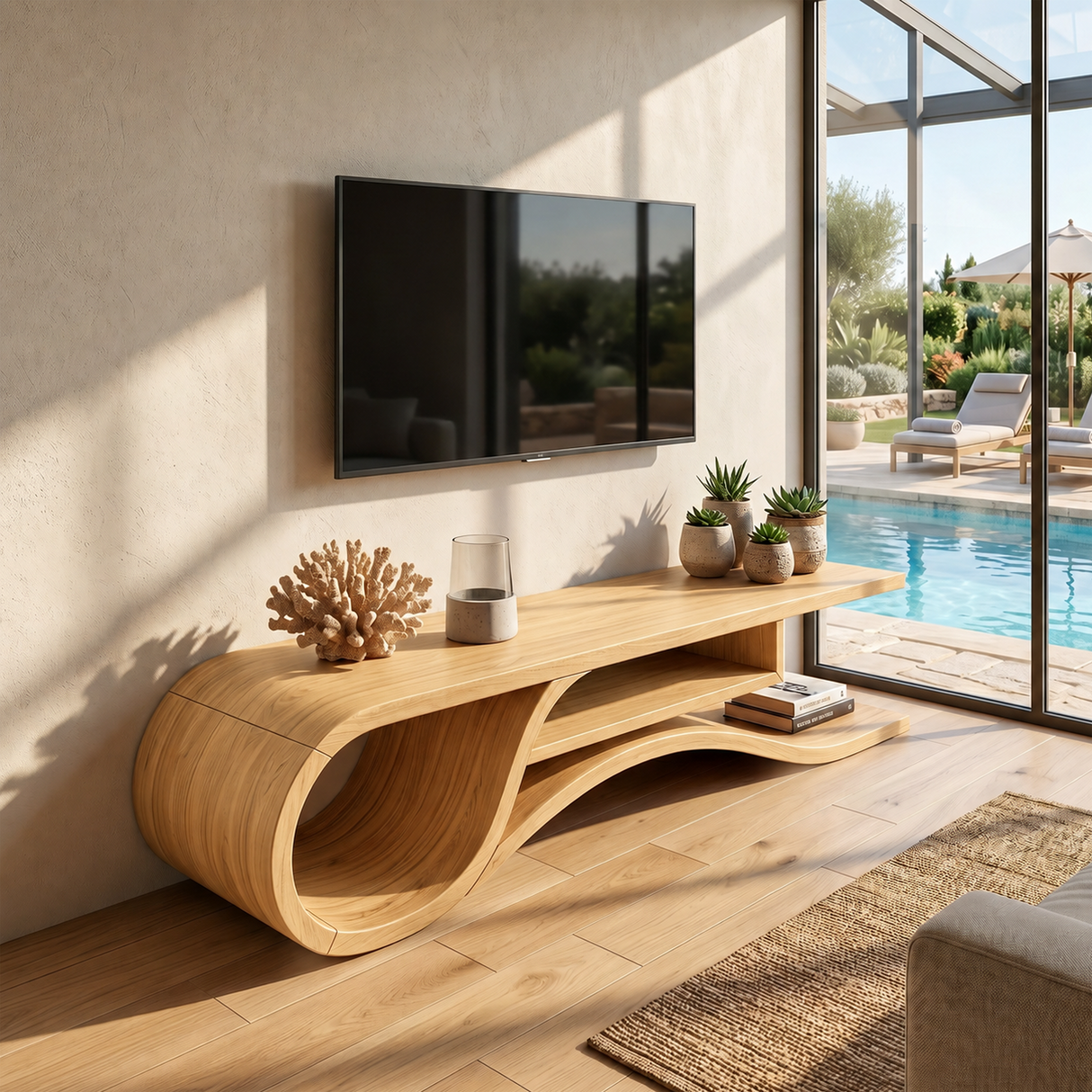 Rustic Curved Media Console For Mediterranean Interior