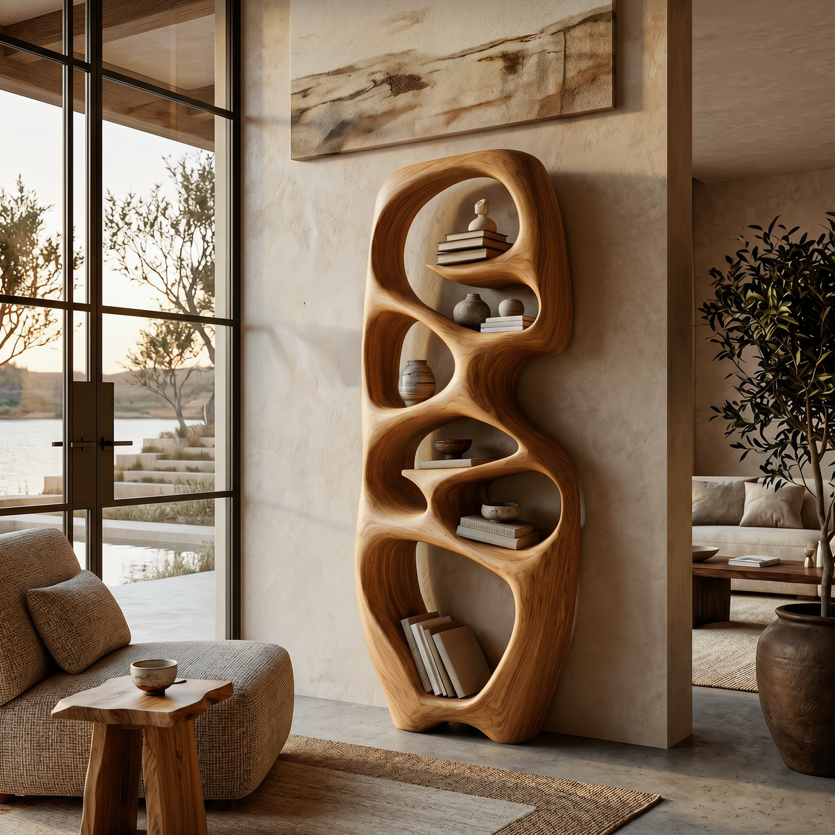 Contemporary Wooden Bookshelf Fluid Sculptural Design For Living Room