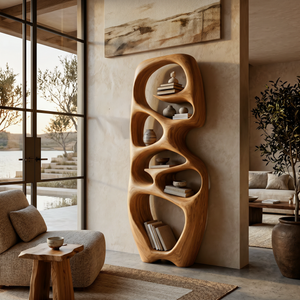 Contemporary Wooden Bookshelf Fluid Sculptural Design For Living Room