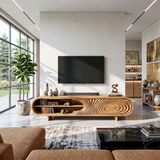 Modern Sculptural Wood TV Stand With Carved Door For Living Room