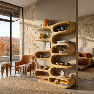 Contemporary Wooden Bookshelf With Sculptural Form For Living Room