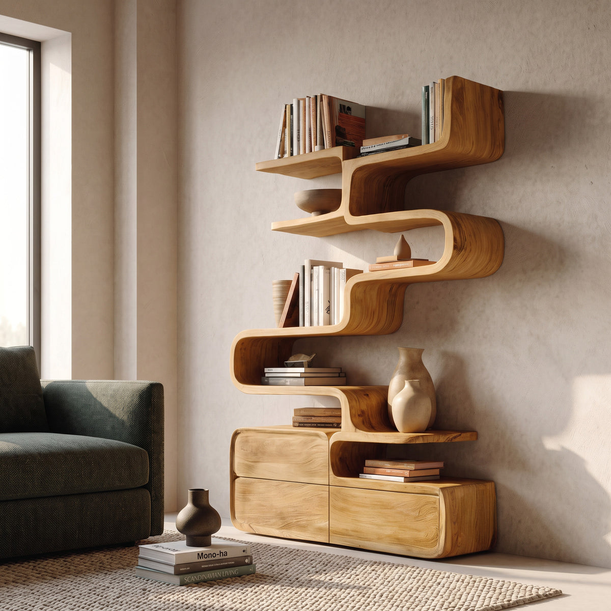 Scandinavian Sculptural Wooden Bookshelf For Living Room