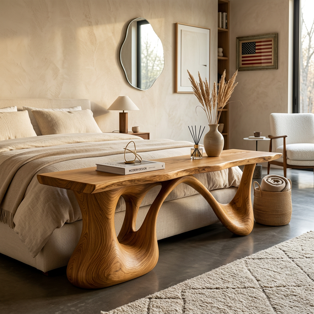 Organic Wooden Bench With Undulating Sculptural Base For Home Furniture