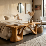 Organic Wooden Bench With Undulating Sculptural Base For Home Furniture