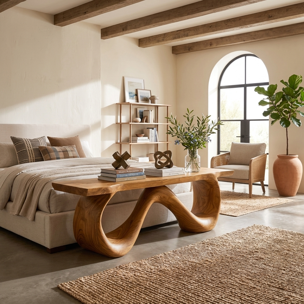 Organic Wooden Bench With Flowing Ribbon Base For Entryway