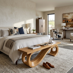 Handcrafted Wooden Sculptural Bench Curved Base Design For Hallway