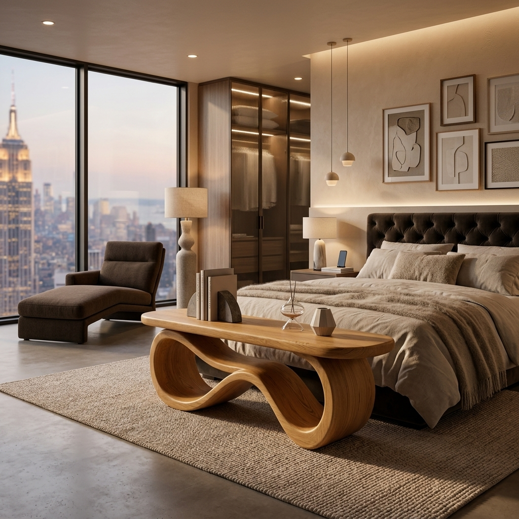 Wooden Bench With Curved Sculptural Base For Home Furniture