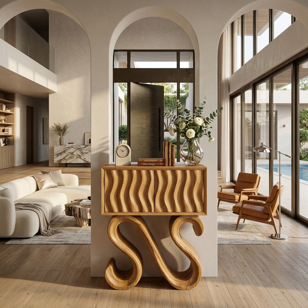 Contemporary Wood Console Table With Sculptural Undulating Legs For Home