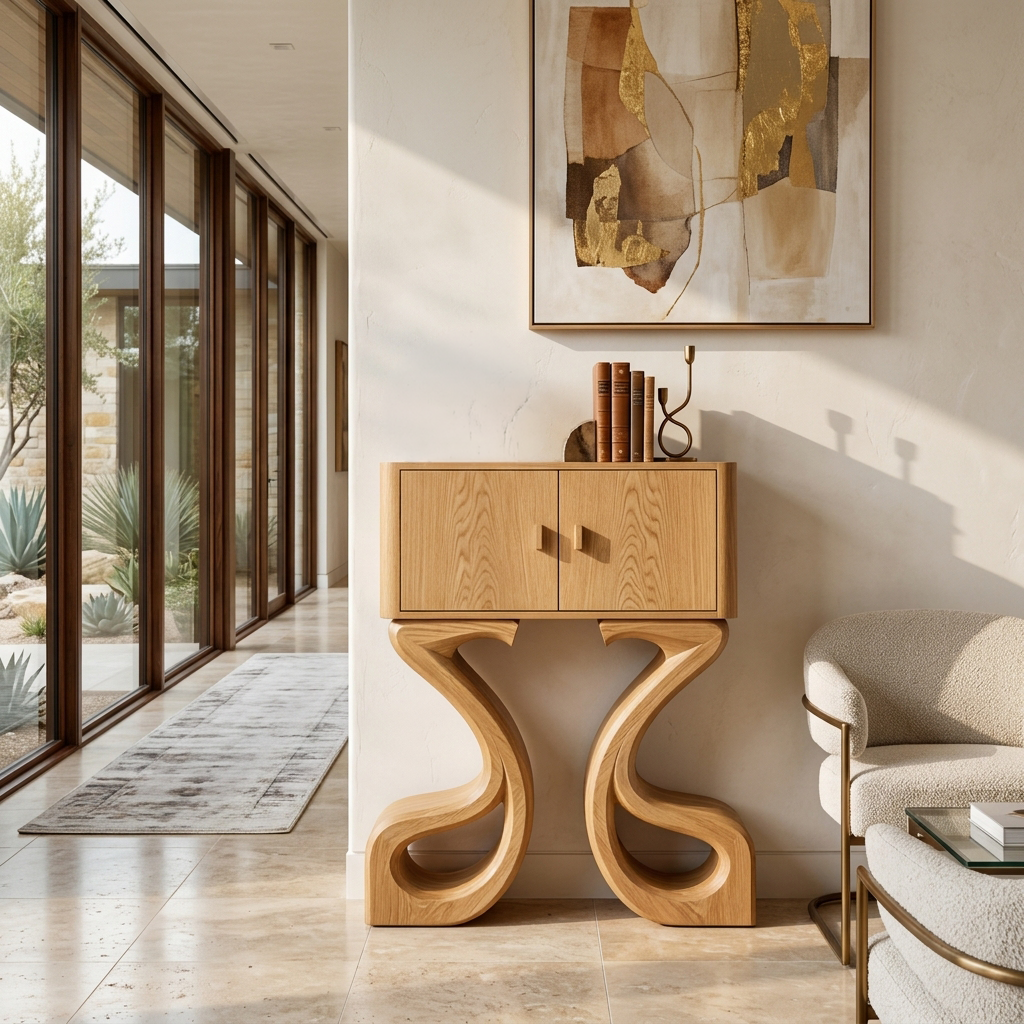 Contemporary Wooden Console Table Symmetrical Base Design For Entryway
