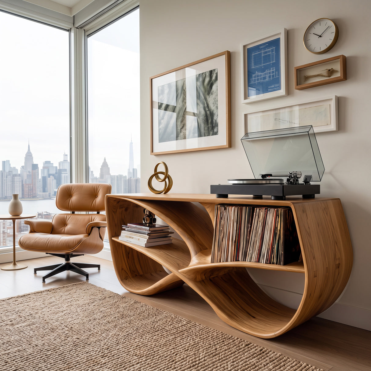 Modern Sculptural Wooden Record Player Console For Living Room
